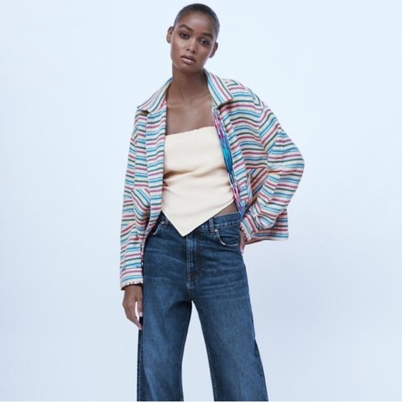 Zara Multicolor Textured Weave Jacket Striped Boho Large Blazer - Picture 3 of 12
